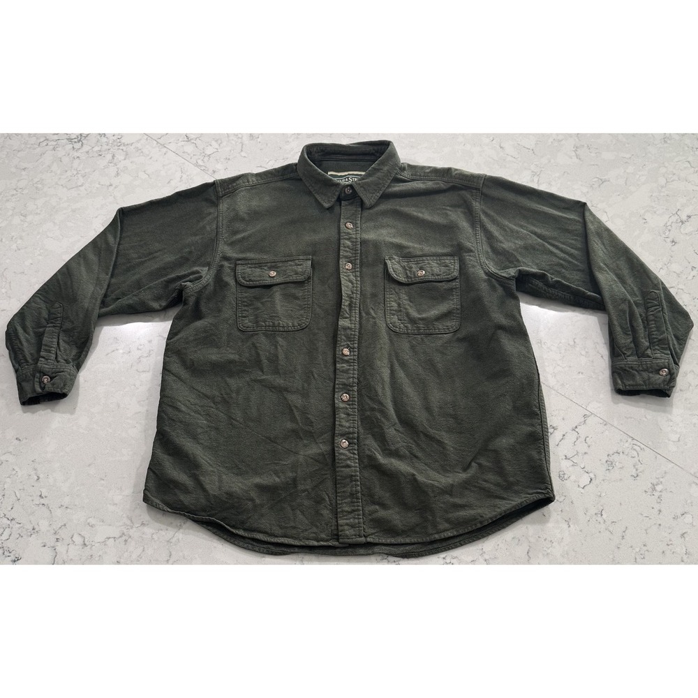 VTG 90s Field & Stream Chamois Shirt Mens XL Olive Green Heavyweight Cotton